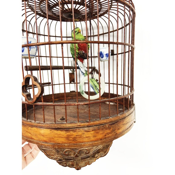 Vintage Hanging Wood Bamboo Bird Cage w/ Bird Ornament - Picture 4 of 12